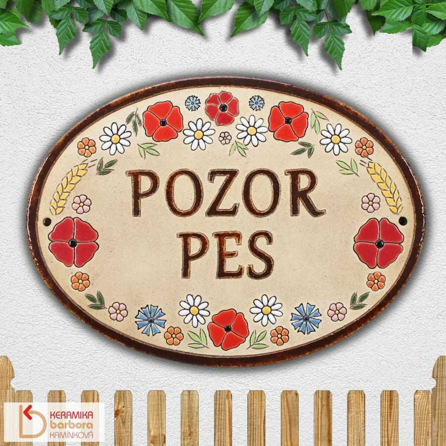 Výstražná cedule tabulka na vrata plot Pozor pes Tady hlídám já s květinami kopretinami vlčími máky chrpami obilím