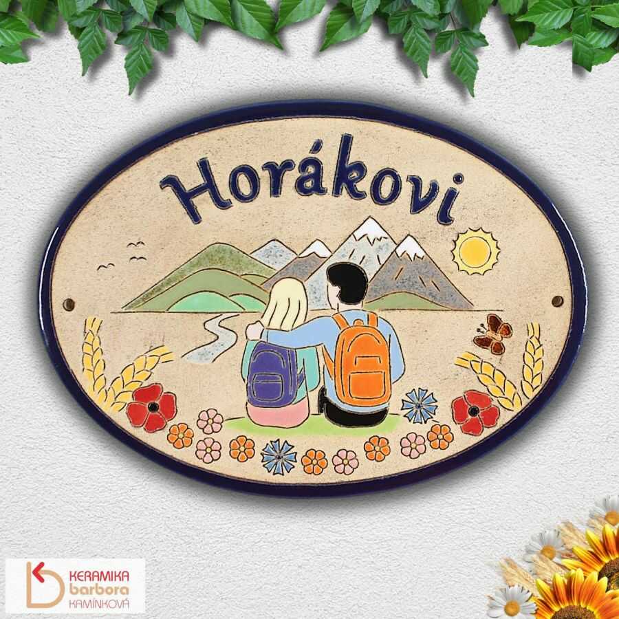 Keramická jmenovka na dveře, schránku, ke zvonku s horami a lučními květinami pro turisty