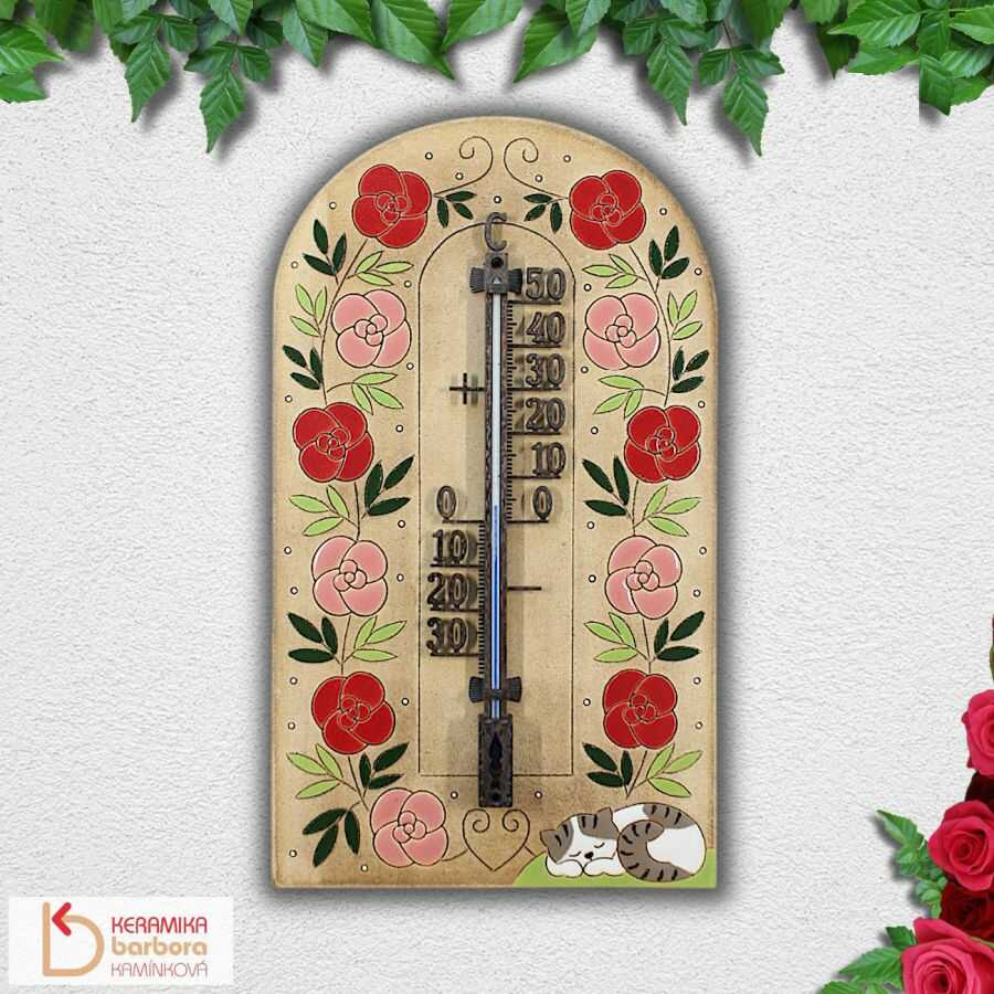 Keramický velký venkovní nástěnný kovový či plastový teploměr s růžemi a kočkou