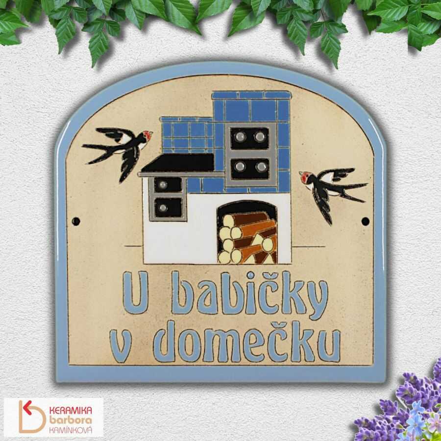 Keramická jmenovka na dveře, schránku, ke zvonku s kachlovými kamny a vlaštovkami