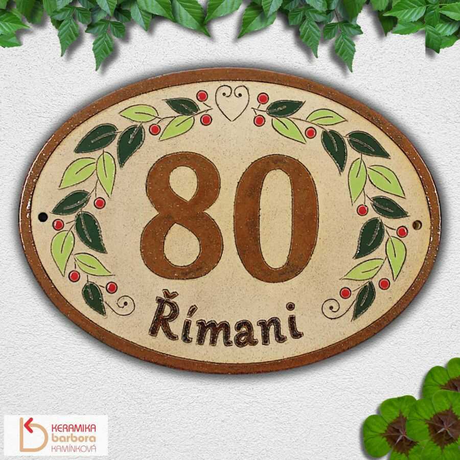 Keramické domovní číslo popisné orientační na fasádu s olivami